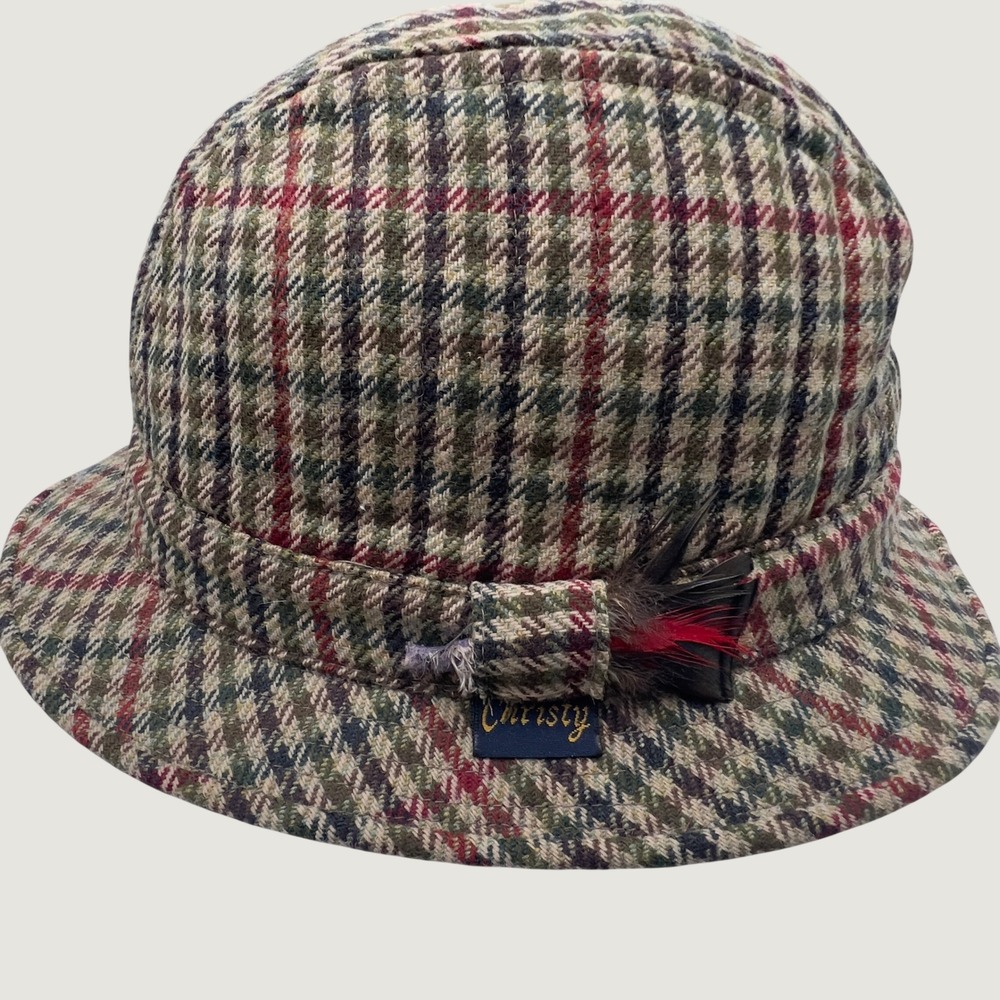 Christys & Company Ltd Plaid Wool Bucket Hat Green Red Tan Feather Detail Large